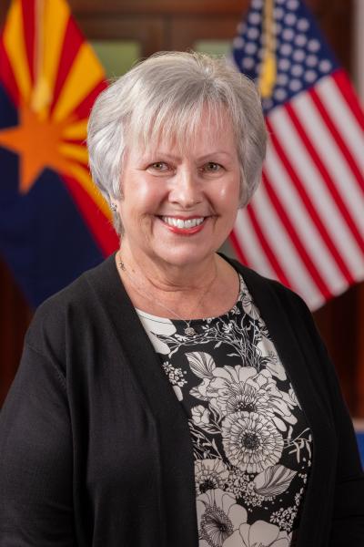 Ann D'Amico posing in front of alternating American and Arizonan flags.